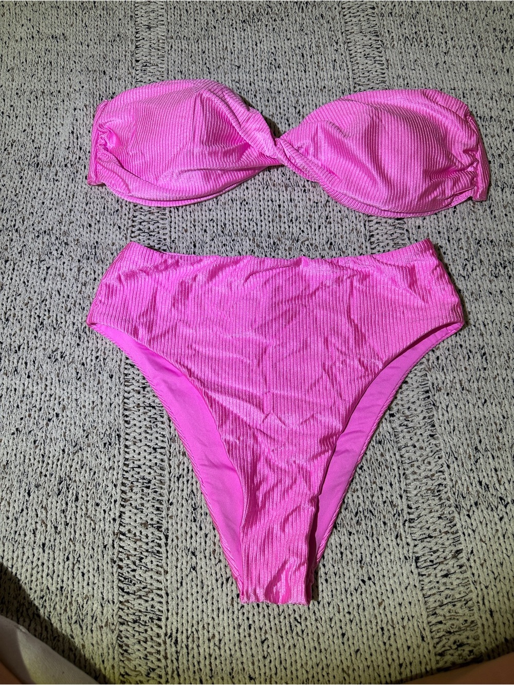 PINK Victoria's Secret Hot Pink Ribbed Bandeau Bikini Set